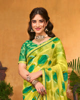 Vishal Prints Lime Green Printed Patterned Chiffon Saree With Diamond Work And Fancy Border