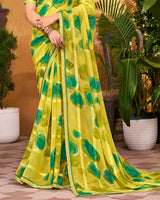 Vishal Prints Lime Green Printed Patterned Chiffon Saree With Diamond Work And Fancy Border