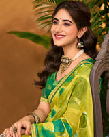 Vishal Prints Lime Green Printed Patterned Chiffon Saree With Diamond Work And Fancy Border