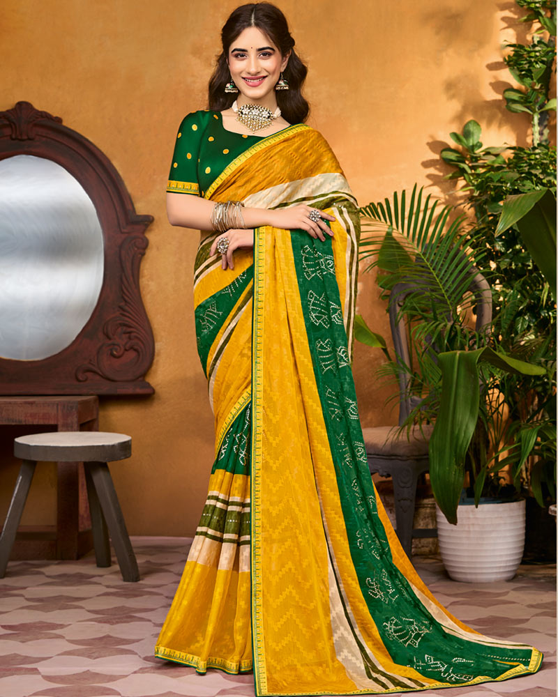 Vishal Prints Mustard Yellow Printed Chiffon Saree With Foil Print And Fancy Border