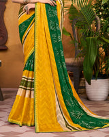 Vishal Prints Mustard Yellow Printed Chiffon Saree With Foil Print And Fancy Border