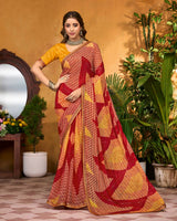 Vishal Prints Maroon Red Printed Chiffon Saree With Diamond Work And Fancy Border