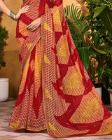 Vishal Prints Maroon Red Printed Chiffon Saree With Diamond Work And Fancy Border