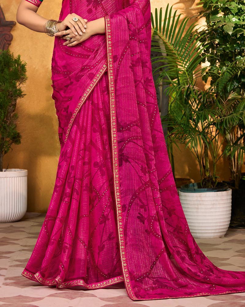 Vishal Prints Magenta Pink Printed Fancy Chiffon Saree With Diamond Work And Fancy Border