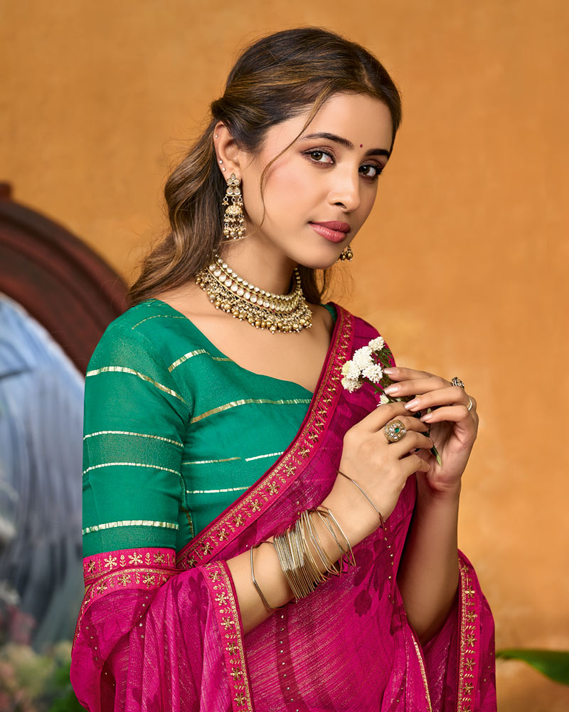 Vishal Prints Magenta Pink Printed Fancy Chiffon Saree With Diamond Work And Fancy Border