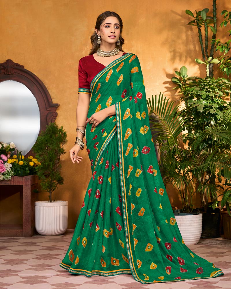 Vishal Prints Emerald Green Printed Chiffon Saree With Fancy Border