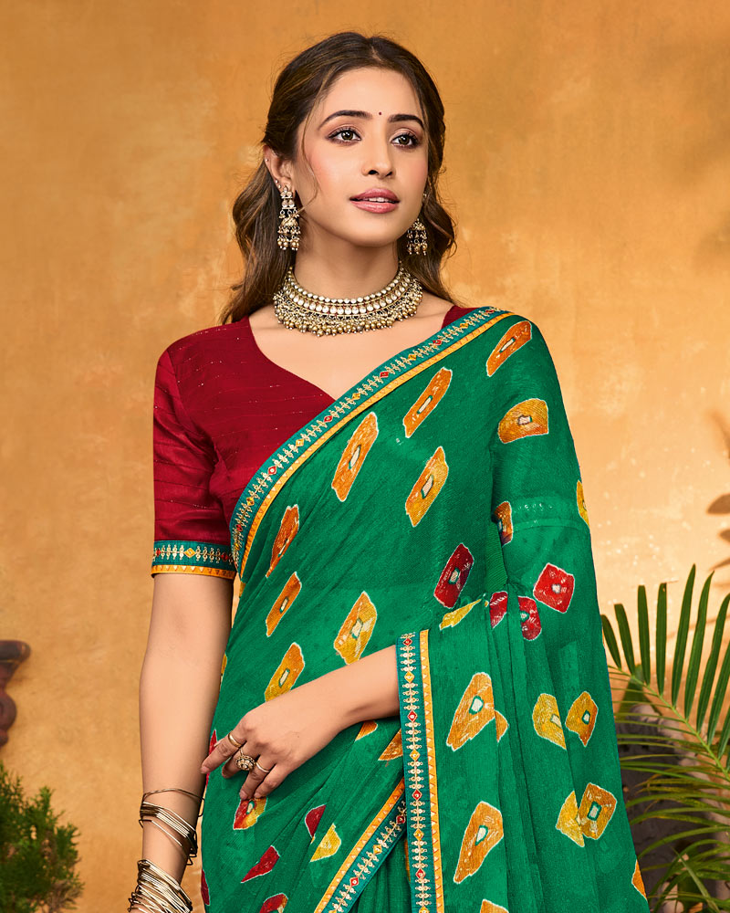 Vishal Prints Emerald Green Printed Chiffon Saree With Fancy Border