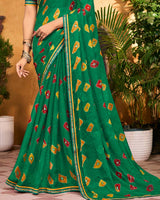 Vishal Prints Emerald Green Printed Chiffon Saree With Fancy Border