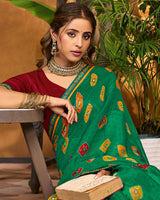 Vishal Prints Emerald Green Printed Chiffon Saree With Fancy Border