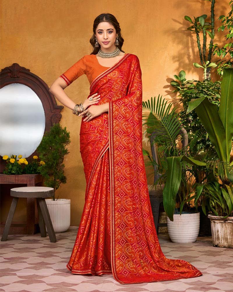 Vishal Prints Red And Orange Printed Brasso Traditional Print Saree With Fancy Border