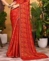 Vishal Prints Red And Orange Printed Brasso Traditional Print Saree With Fancy Border