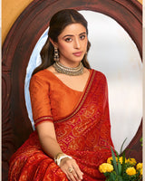 Vishal Prints Red And Orange Printed Brasso Traditional Print Saree With Fancy Border