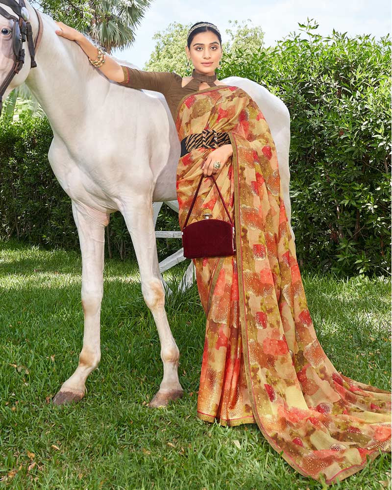 Vishal Prints Fawn Digital Print Chiffon Saree With Foil Print And Diamond Piping