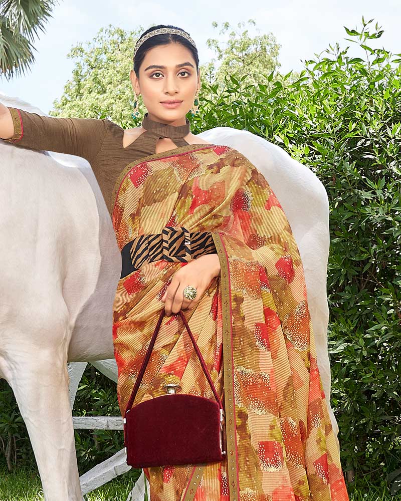 Vishal Prints Fawn Digital Print Chiffon Saree With Foil Print And Diamond Piping