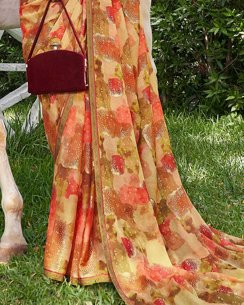 Vishal Prints Fawn Digital Print Chiffon Saree With Foil Print And Diamond Piping