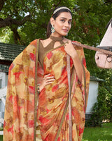 Vishal Prints Fawn Digital Print Chiffon Saree With Foil Print And Diamond Piping