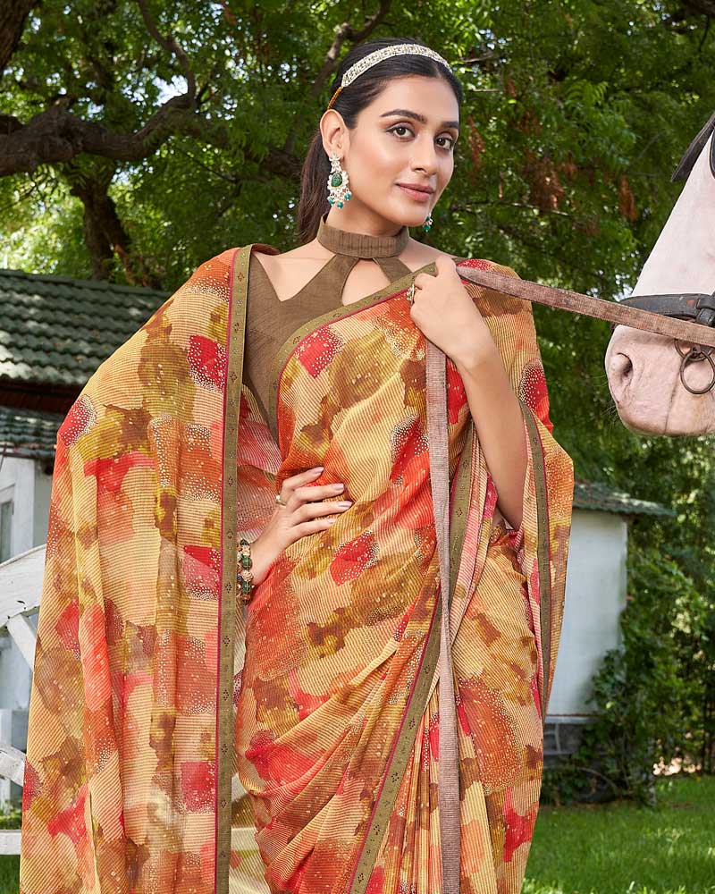 Vishal Prints Fawn Digital Print Chiffon Saree With Foil Print And Diamond Piping