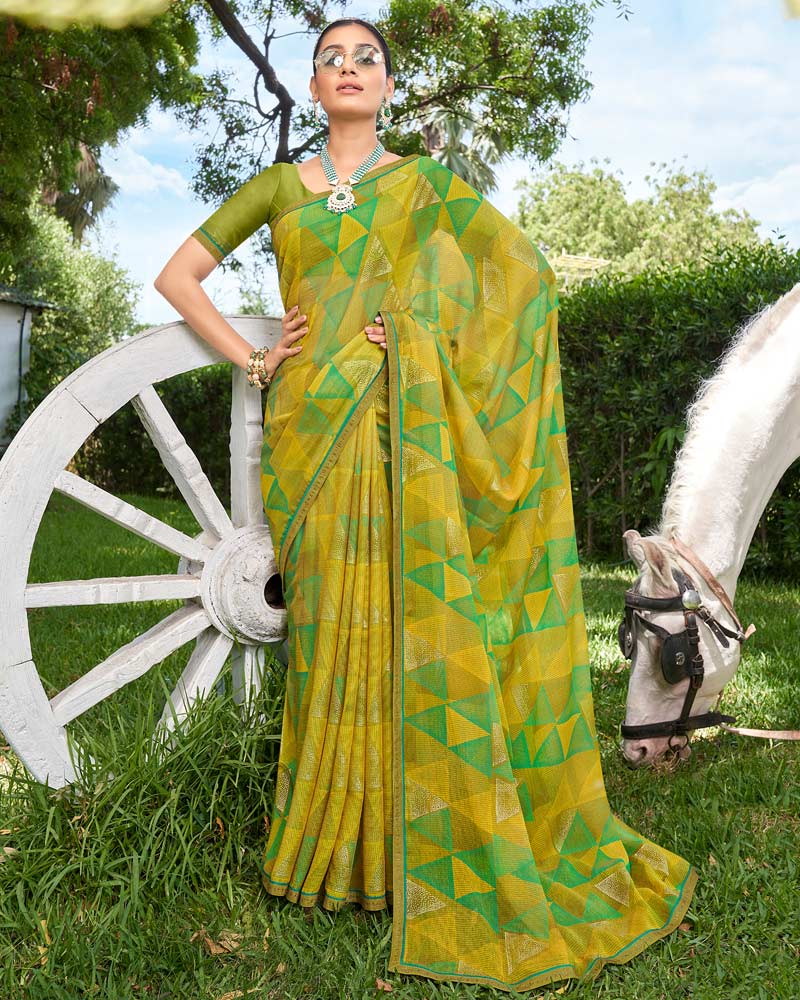 Vishal Prints Olive Green Digital Print Chiffon Saree With Foil Print And Diamond Piping