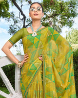 Vishal Prints Olive Green Digital Print Chiffon Saree With Foil Print And Diamond Piping