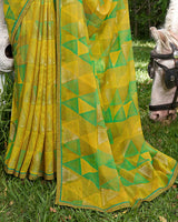Vishal Prints Olive Green Digital Print Chiffon Saree With Foil Print And Diamond Piping