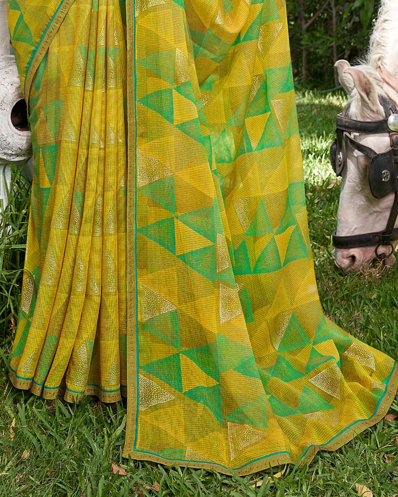 Vishal Prints Olive Green Digital Print Chiffon Saree With Foil Print And Diamond Piping
