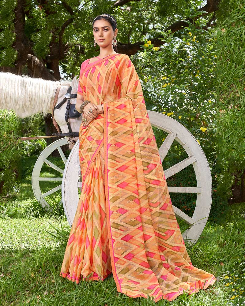 Vishal Prints Pink Digital Print Chiffon Saree With Foil Print And Diamond Piping