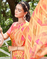 Vishal Prints Pink Digital Print Chiffon Saree With Foil Print And Diamond Piping