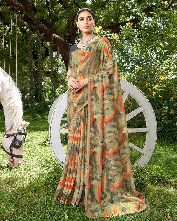 Vishal Prints Sage Green Digital Print Chiffon Saree With Foil Print And Diamond Piping