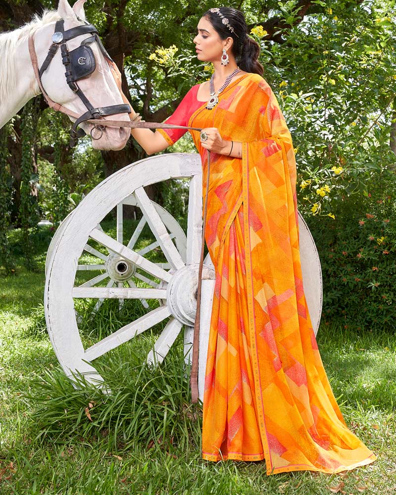 Vishal Prints Yellowish Orange Digital Print Chiffon Saree With Foil Print And Diamond Piping