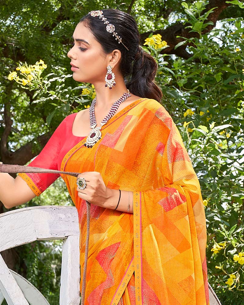 Vishal Prints Yellowish Orange Digital Print Chiffon Saree With Foil Print And Diamond Piping