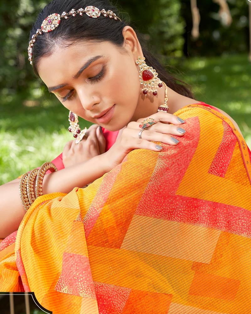 Vishal Prints Yellowish Orange Digital Print Chiffon Saree With Foil Print And Diamond Piping