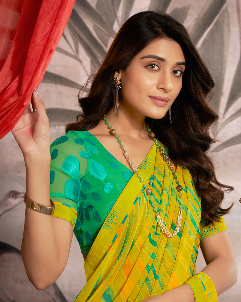 Vishal Prints Olive Yellow Printed Georgette Saree With Fancy Border
