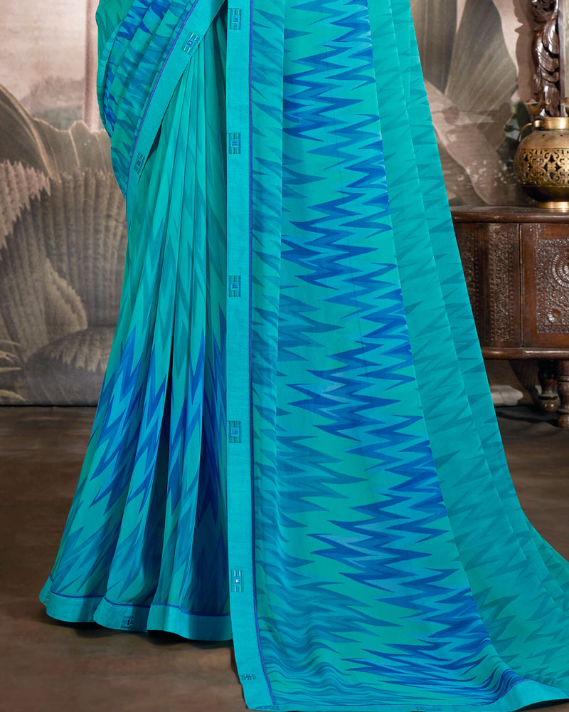 Vishal Prints Dark Turquoise Blue Printed Georgette Saree With Fancy Border