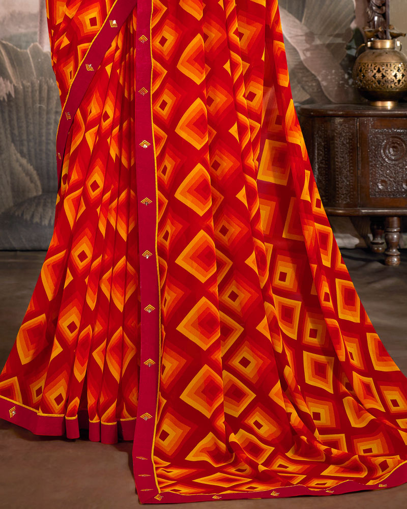 Vishal Prints Dark Red Printed Georgette Saree With Fancy Border