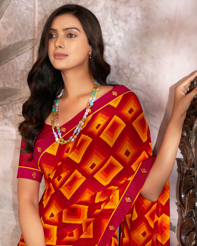 Vishal Prints Dark Red Printed Georgette Saree With Fancy Border