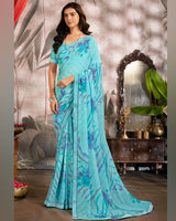 Vishal Prints Dark Turquoise Blue Printed Georgette Saree With Fancy Border