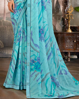 Vishal Prints Dark Turquoise Blue Printed Georgette Saree With Fancy Border