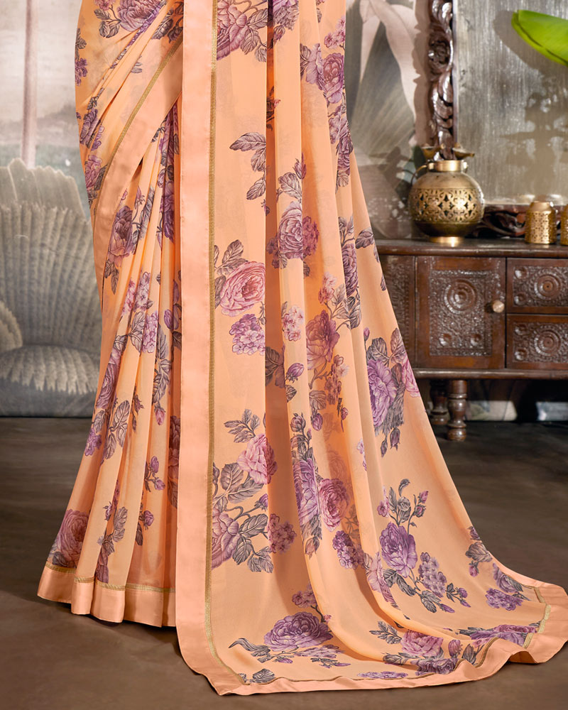 Vishal Prints Pastel Orange Printed Georgette Saree With Fancy Border