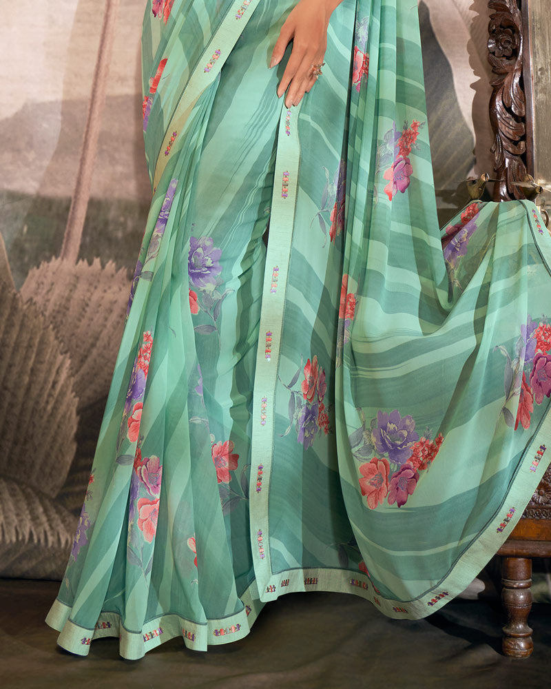 Vishal Prints Sea Green Printed Georgette Saree With Fancy Border