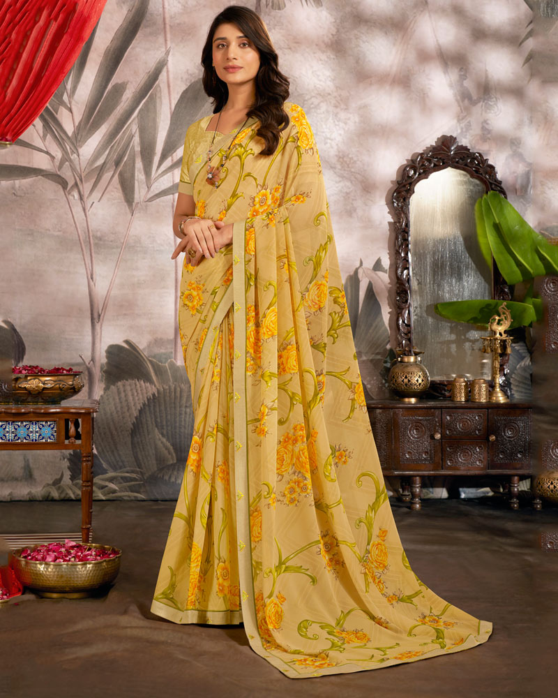 Vishal Prints Mustard Printed Georgette Saree With Fancy Border