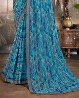 Vishal Prints Dark Turquoise Blue Printed Georgette Saree With Fancy Border