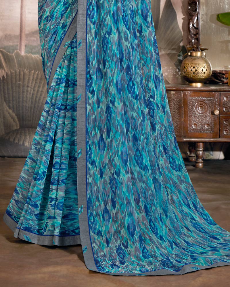 Vishal Prints Dark Turquoise Blue Printed Georgette Saree With Fancy Border