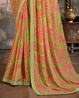 Vishal Prints Olive Green Printed Georgette Saree With Fancy Border