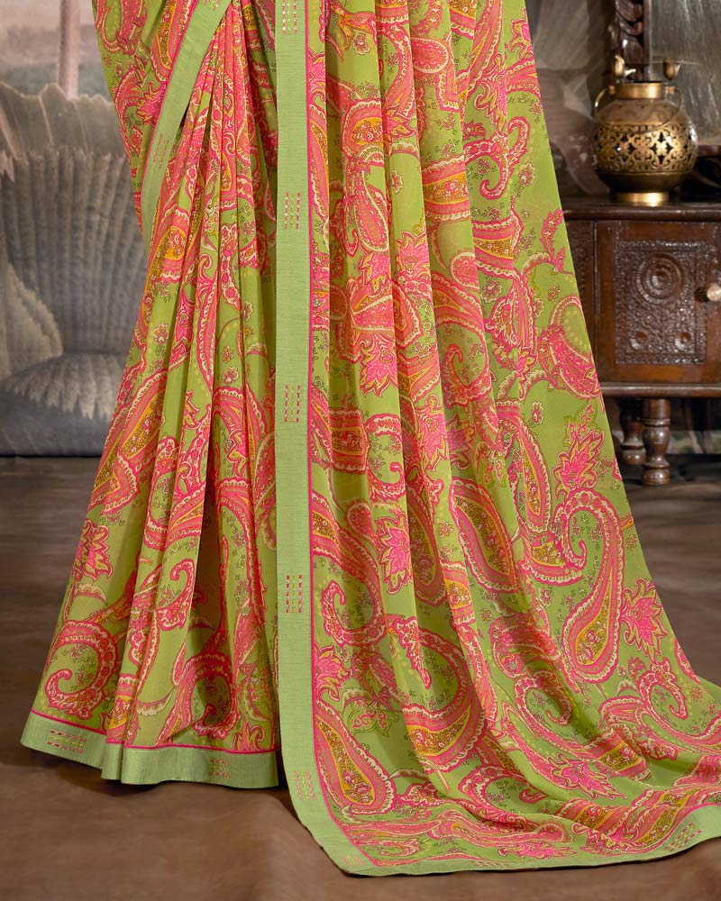 Vishal Prints Olive Green Printed Georgette Saree With Fancy Border