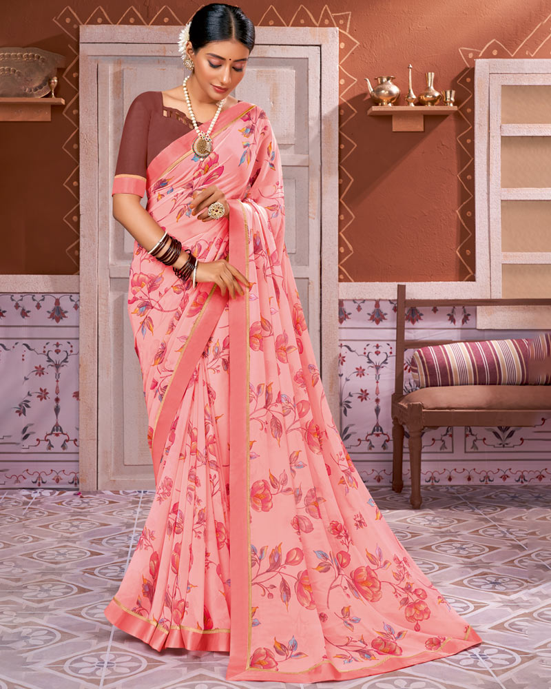 Vishal Prints Light Salmon Georgette Saree With Satin Border