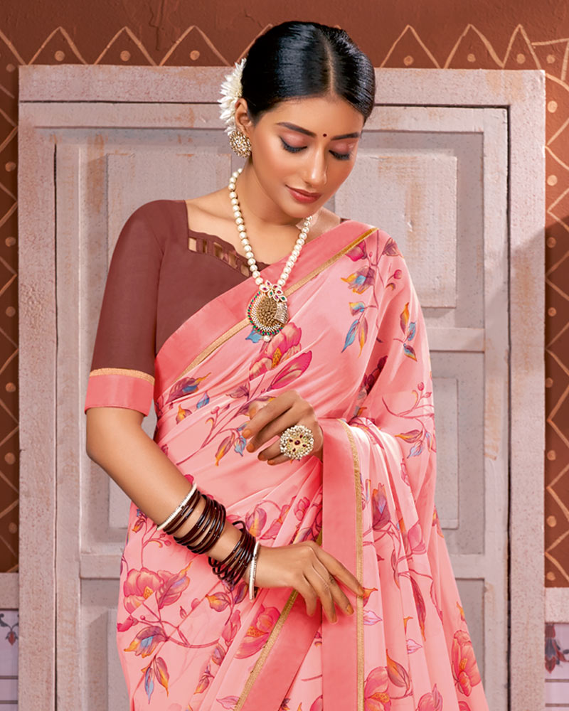 Vishal Prints Light Salmon Georgette Saree With Satin Border