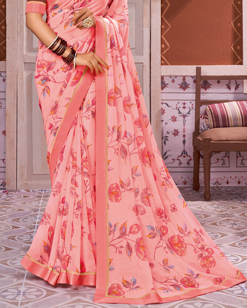 Vishal Prints Light Salmon Georgette Saree With Satin Border