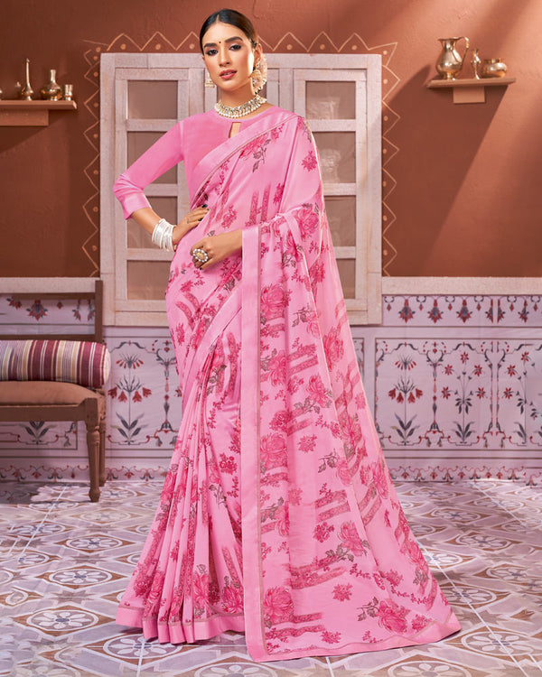 Vishal Prints Rose Pink Georgette Saree With Satin Border