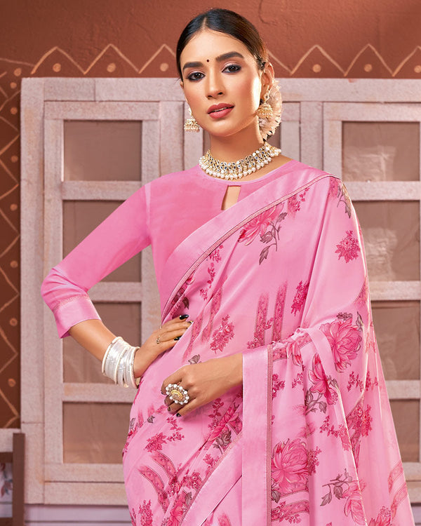 Vishal Prints Rose Pink Georgette Saree With Satin Border