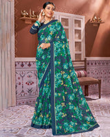 Vishal Prints Dark Blue And Green Georgette Saree With Satin Border